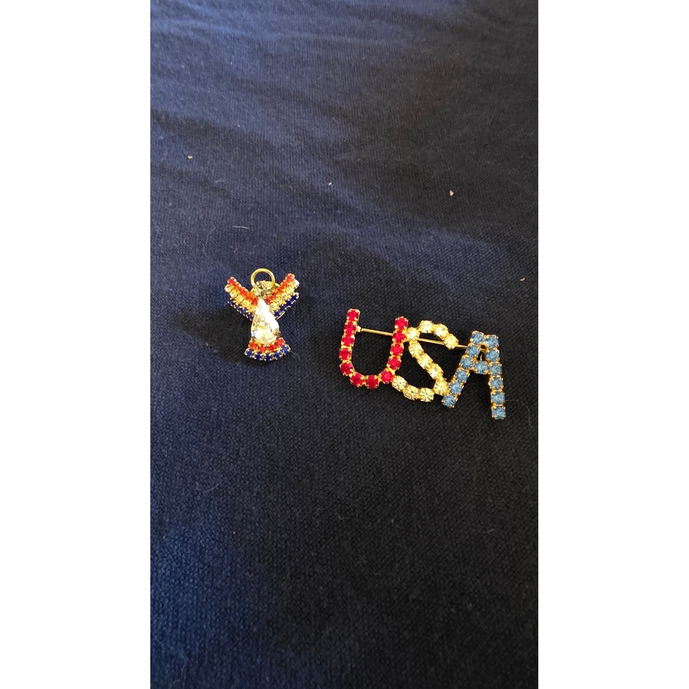 Vintage Patriotic Americana Pin Lot USA Rhinestone Brooch & Angel Lapel Pin Duo
